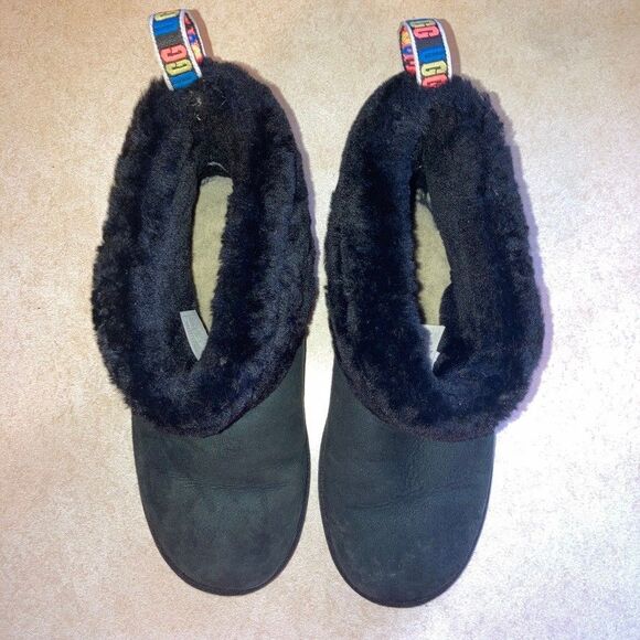 UGG Suede Boots Mini Fluff Quilted Sz 7 EU 38 Black Slip On Fur Top 3 Color Logo - Picture 2 of 10